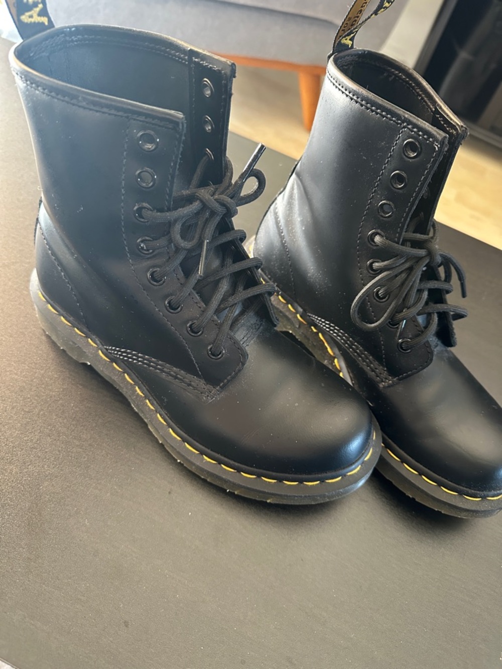 Dr. Martens Black Lace-Up Leather Boots with Yellow Stitching